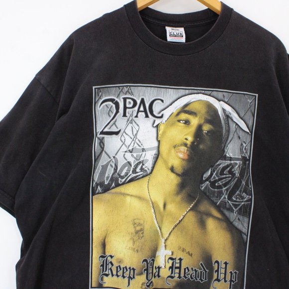 Vintage Pro Club Shirt Mens Black Short Sleeve Heavyweight 2PAC Keep Ya Head Up - Picture 3 of 9